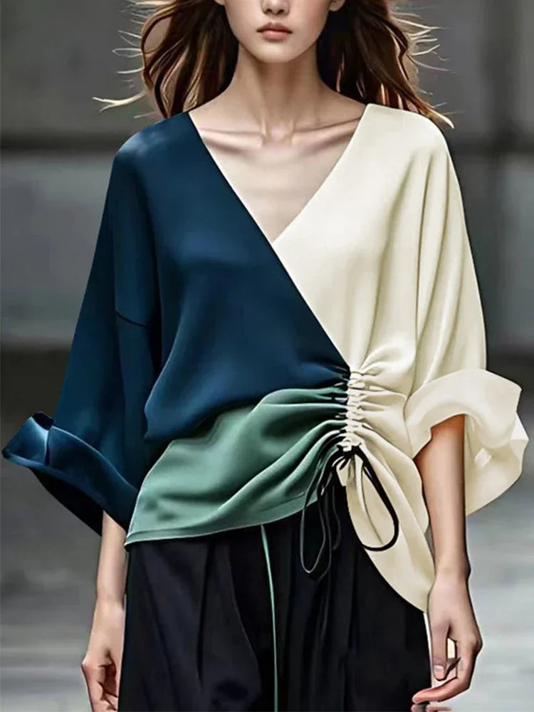 Fall Blouses for Women 2024 Fashion V-Neck Drawstring New Contrast Color Loose Long Sleeves Elegant Shirts Tops