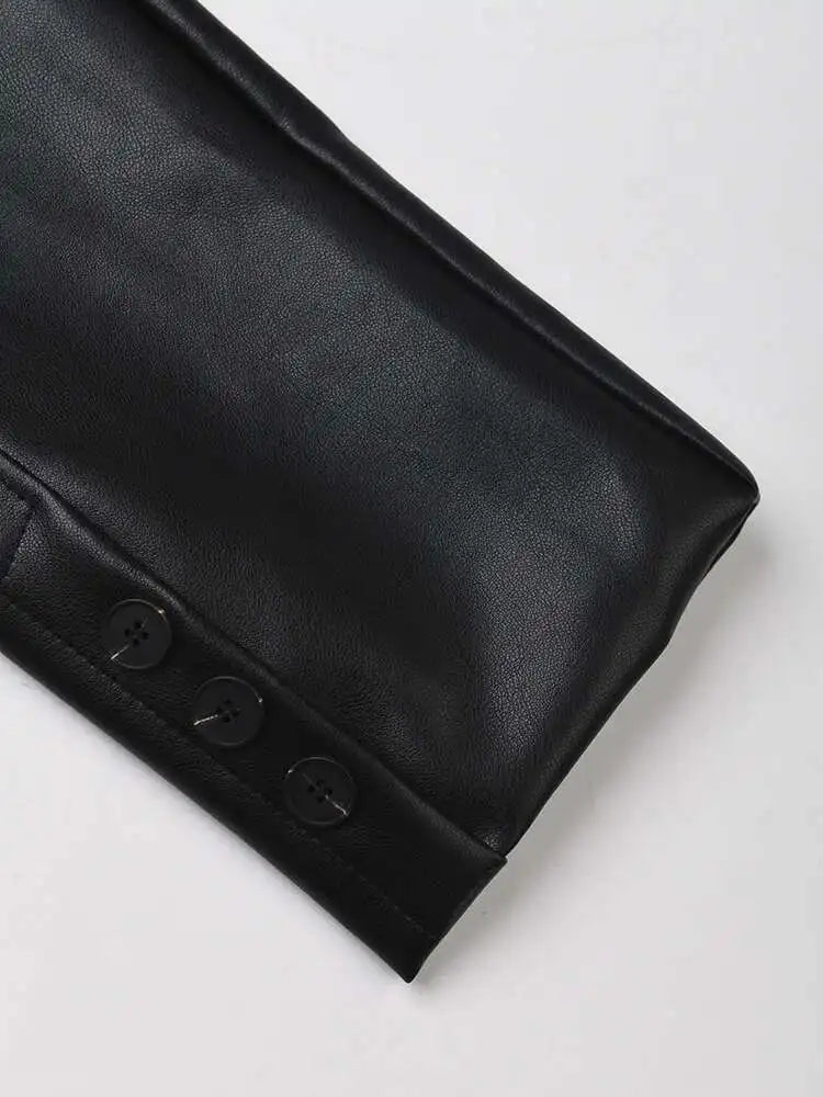 Women Black Pu Leather Zipper Big Size Casual Blazer New Lapel Long Sleeve Jacket Fashion Tide Spring Autumn 2025 CPG1010