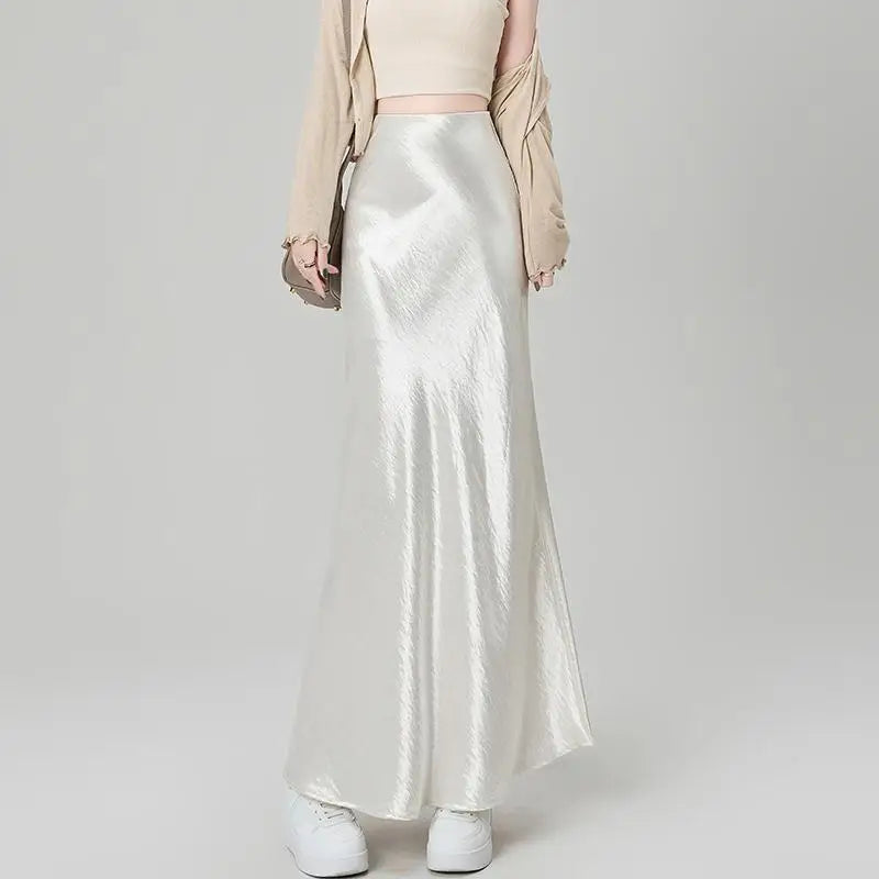 French Fashion Women Black Beige High Waist Long Skirt 2025 Spring Summer Khaki Vacation Party Pleated Fishtail Skirt Simplicity