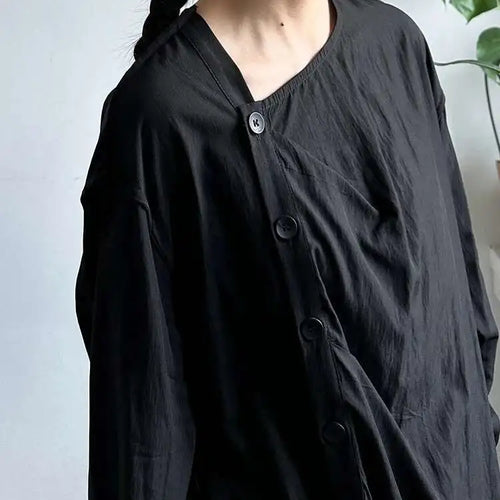 Load image into Gallery viewer, Women Balck Irregular Button Pleated Big Size Thin Blouse New V-neck Long Sleeve Shirt Fashion Spring Autumn 2025 1DJ0300

