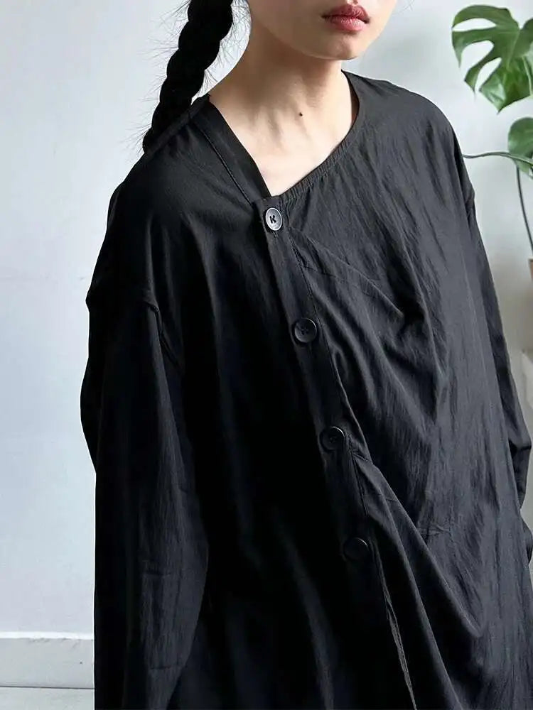 Women Balck Irregular Button Pleated Big Size Thin Blouse New V-neck Long Sleeve Shirt Fashion Spring Autumn 2025 1DJ0300