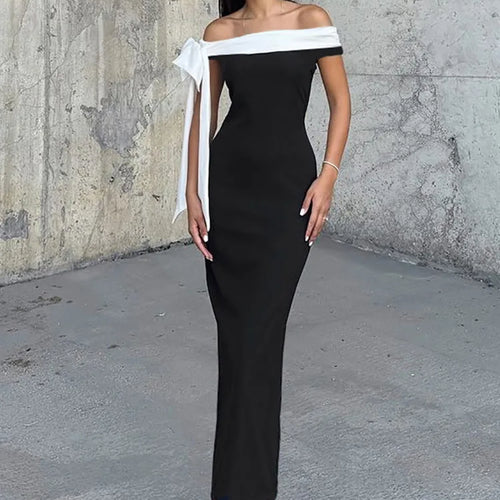 Load image into Gallery viewer, Sleeveless Ribbon Off-shoulder Solid Sexy Autumn Winter Maxi Dress For Women High Waist Bow Bodycon Party Long Dress

