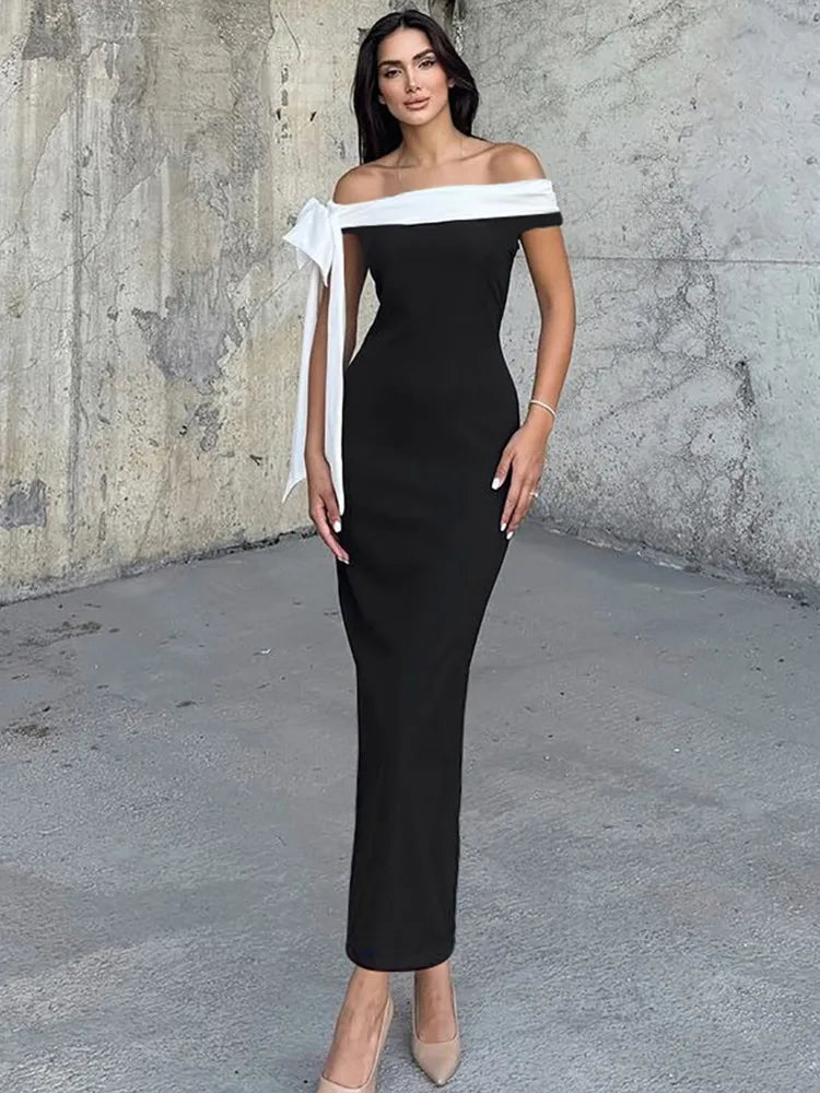 Sleeveless Ribbon Off-shoulder Solid Sexy Autumn Winter Maxi Dress For Women High Waist Bow Bodycon Party Long Dress
