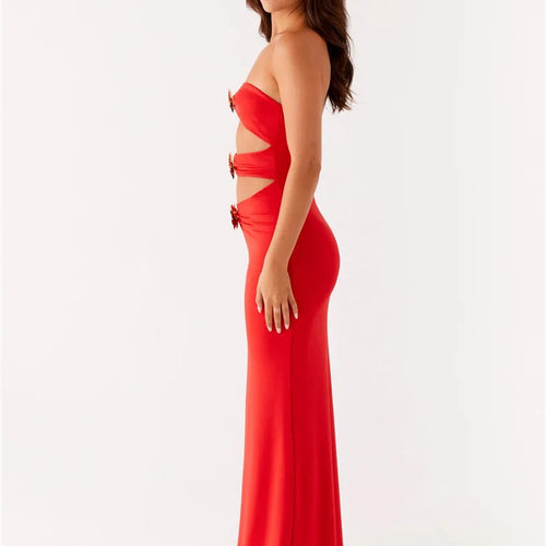 Load image into Gallery viewer, Metal Rose Hollow Out Sexy Maxi Dress Women Beach Holiday Gown Strapless Off-shoulder Backless Bodycon Club Long Dress
