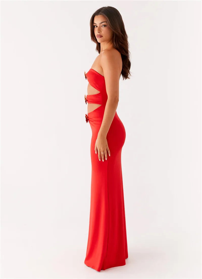 Metal Rose Hollow Out Sexy Maxi Dress Women Beach Holiday Gown Strapless Off-shoulder Backless Bodycon Club Long Dress
