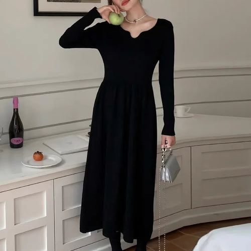 Load image into Gallery viewer, Autumn Winter Women Elegant V-neck Long Sleeve Slim Knit Pleated Dress Solid Casual A-line Sweater Long Dress 2023 French Simple
