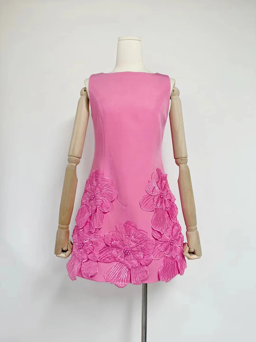 Solid Spliced Appliques Slimming Mini Dresses For Women O Neck Sleeveless High Waist Temperament Dress Female New
