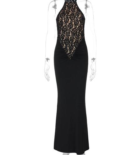 Mesh Floral Print Halter Sleeveless Backless Patchwork Button Sexy Maxi Dress Summer Women Fashion Outfits Party Club