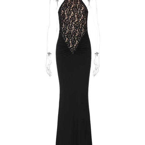 Load image into Gallery viewer, Mesh Floral Print Halter Sleeveless Backless Patchwork Button Sexy Maxi Dress Summer Women Fashion Outfits Party Club
