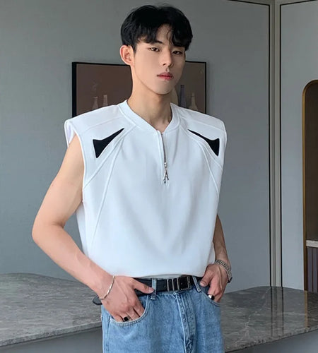 Korean Style Men's Vest Shoulder Pads Patchwork Contrast Color Tees Round Collar Short Sleeve Zippers Male Tank Tops 9C6774