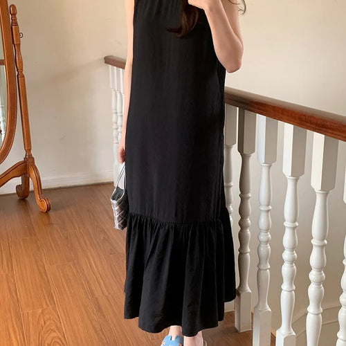 Load image into Gallery viewer, Elegant Solid Color Sleeveless Straight Dress Loose Backless Simple O-neck Summer Women Dresses Summer Korean Style Dress
