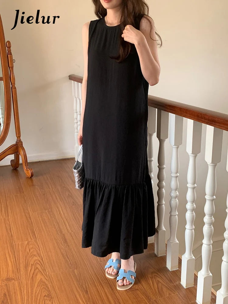 Elegant Solid Color Sleeveless Straight Dress Loose Backless Simple O-neck Summer Women Dresses Summer Korean Style Dress