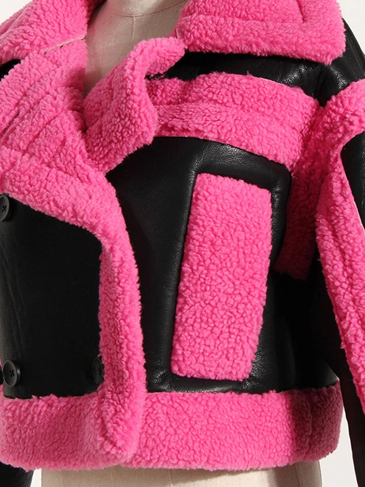 Loose Fit Rose Red Thick Warm Lambswool Jacket New Lapel Long Sleeve Women Coat Fashion Tide Spring Autumn 2025 1DH0227