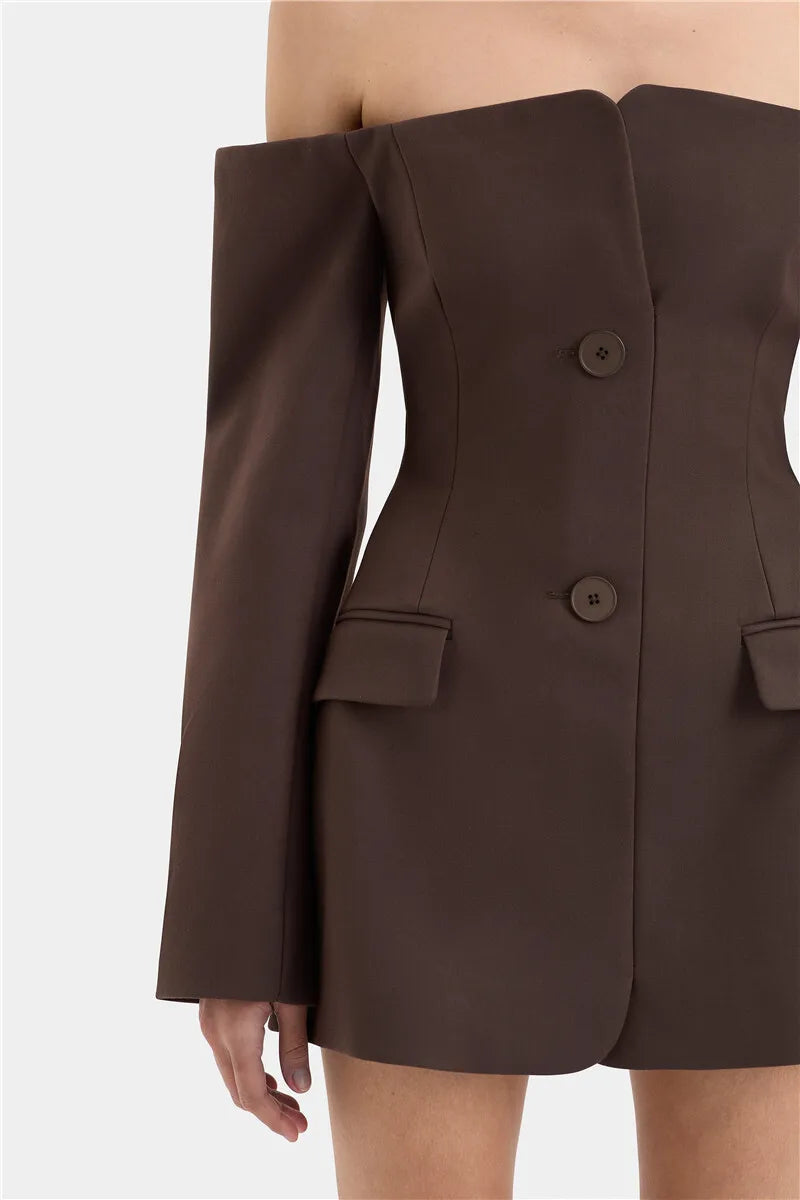 Off-shoulder Strapless Sexy Blazer Dress For Women Fashion Solid Zipper Two Pocket Long Sleeve Backless Mini Dress