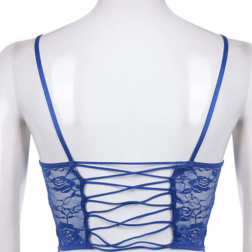 Load image into Gallery viewer, Y2K Fashion Strap Skinny Blue Corset Lace Top Female Backless Bandage Sexy Crop Tops Camis Transparent Hook Bralette
