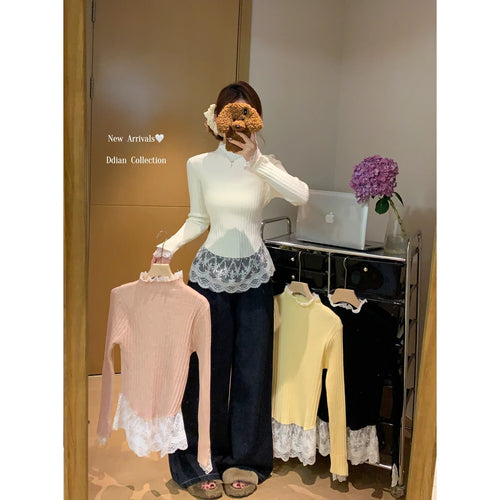 Load image into Gallery viewer, Retro Korean Version Women Sweet Solid Patchwork Lace Elegant Knitted Half High Neck Sweater Autumn Winter Slim Pullovers Tops
