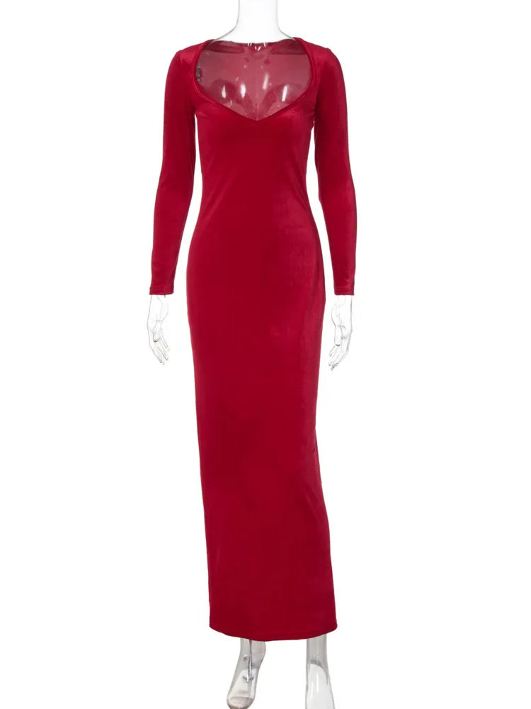 Velvet Long Sleeve Sexy Maxi Dress For Women Elegant V Neck Back Slit Bodycon Sexy Club Party Dress Clubwear Dresses