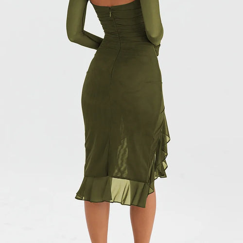 Load image into Gallery viewer, Elegant Ruffle Ruched Midi Dress For Women Robe Sheer Long Sleeve Backless Irregular Club Party Sexy Dress Vestido
