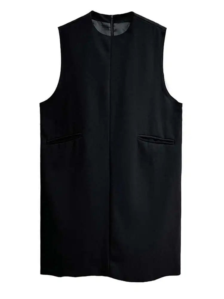 Women Black Brief Elegant Zipper Big Size Mini Dress New Round Neck Sleeveless Fashion Tide Spring Autumn 2025 1DH9820