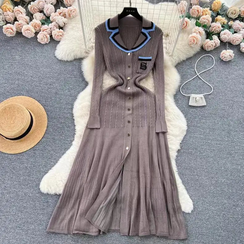 Korean Women's Patchwork Elegant Embroidery Slim Long Sleeved Festival Dress Spring Single Breasted Office Lady Knitted Dresses