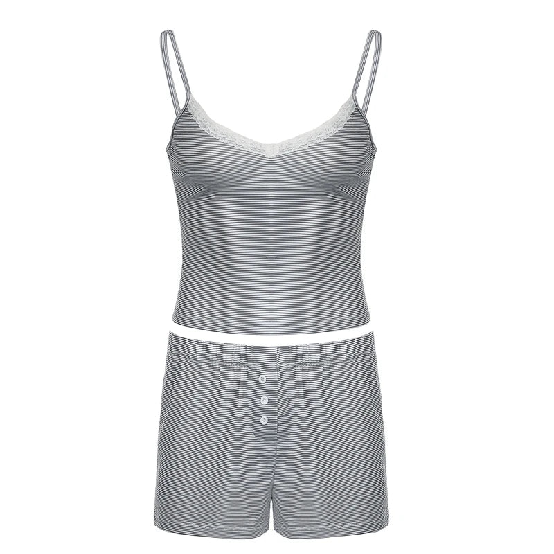 Casual Stripe Lace Trim Summer Two Pieces Set Female Homewear Buttons Camis Top+Shorts Slim Basic Matching Suits Y2K