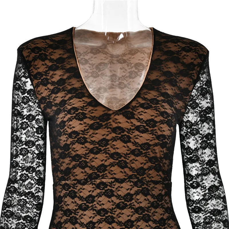 Elegant Lace Long Sleeve Sexy Maxi Dress For Women Fashion Deep V Neck Bodycon Party Club Sexy Long Dress Fashion