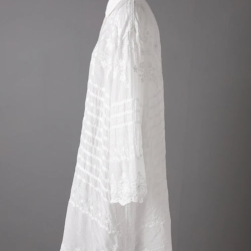 Load image into Gallery viewer, Women White Lace Perspective Big Size Long Blouse New Lapel Long Sleeve Shirt Fashion Tide Spring Autumn 2025 5C1327
