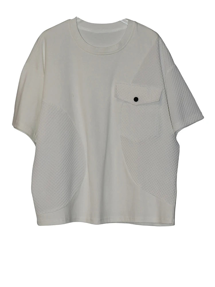 Women Black Splice Color-block Big Size Casual T-shirt New Round Neck Short Sleeve Fashion Tide Spring Summer 2025 1DJ0603