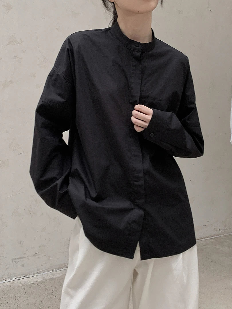 Women Black Brief Big Size Elegant Blouse New Stand Collar Long Sleeve Shirt Fashion Tide Spring Autumn 2025 1DH8347