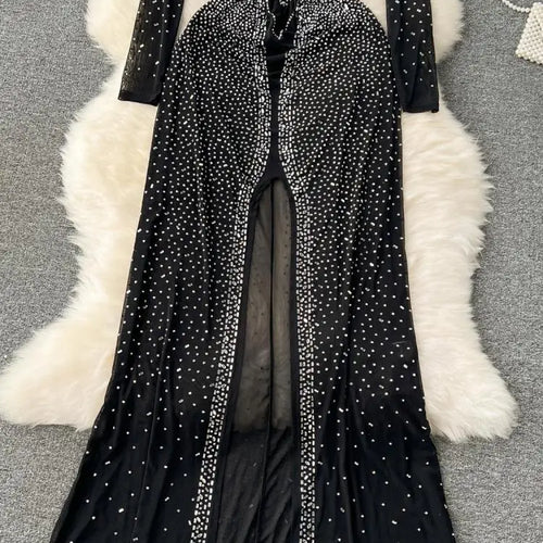 Load image into Gallery viewer, Autumn Black Sexy Club Diamond Long Sleeve Back Zipper Bodycon Split Long Dress Women Vintage Elegant Festival Party Gowns Dress
