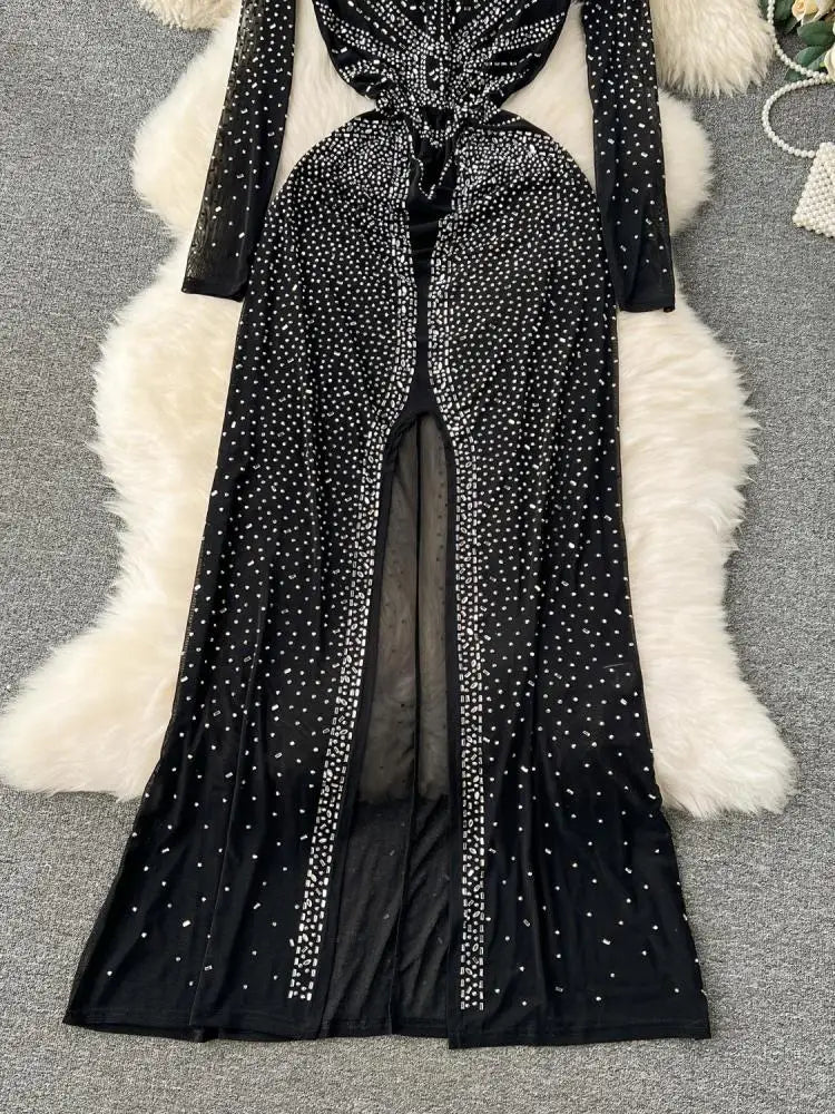 Autumn Black Sexy Club Diamond Long Sleeve Back Zipper Bodycon Split Long Dress Women Vintage Elegant Festival Party Gowns Dress