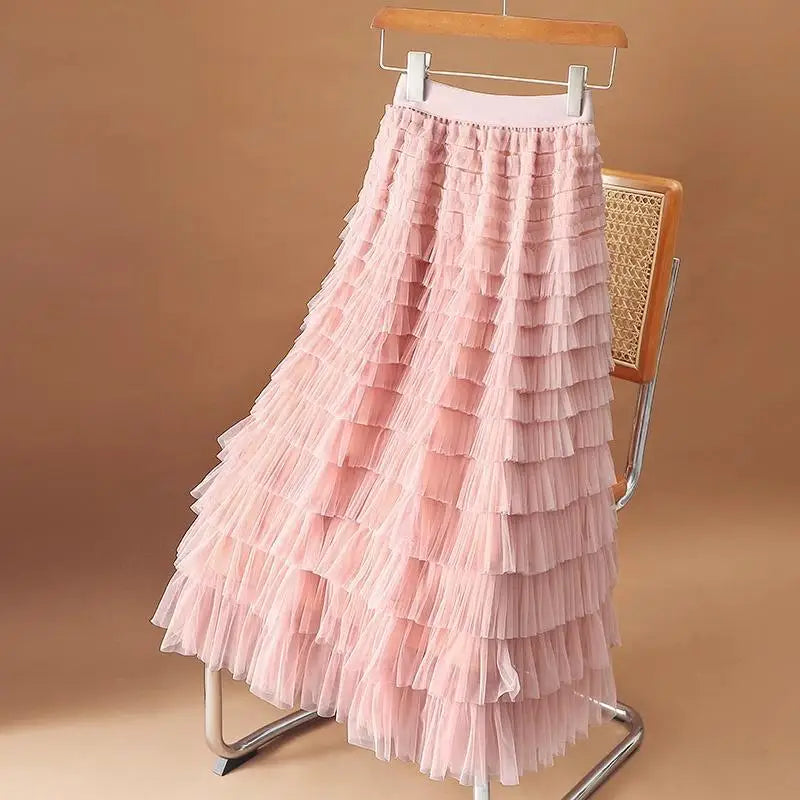 Women Vintage Fashion 2025 New Solid Mesh High Waist Vacation Long Skirt Spring Summer Elegant Party Cake Skirt Streetwear trend