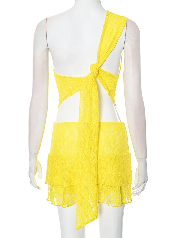 Sexy Slim Fit Women's  Two-piece Set Patchwork Irregular Lace Top And Fashion Short Skirt Two-piece Set Ladies Outfits