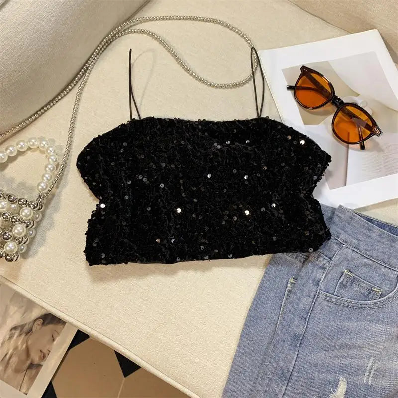 Summer Women's Black Spaghetti Strap Sequined Camisole Fashion Shiny Pink Cropped Sleeveless Sexy Slim Short Tanks Tops New
