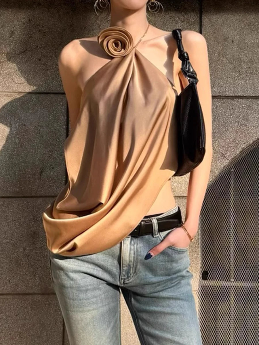 Solid Spliced Appliques Slimming Vests For Women Halter Sleeveless Loose Temperament Vest Female Fashion Style New