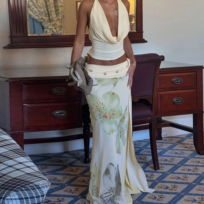 Mesh Print Skirt Two Piece Sets Women Halter Backless Tank Tops And Maxi Skirt Female Slim Summer Split Dress Sets