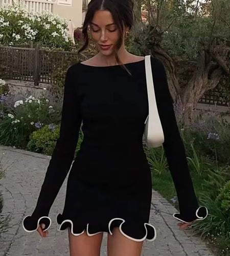 Long Sleeve Knit Mini Dress For Women Pullovers Sweater Dress Autumn Winter New Contrast Color O Neck Ruffled Dress