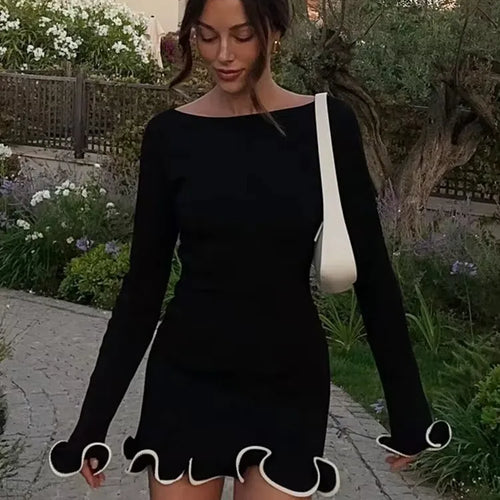 Load image into Gallery viewer, Long Sleeve Knit Mini Dress For Women Pullovers Sweater Dress Autumn Winter New Contrast Color O Neck Ruffled Dress
