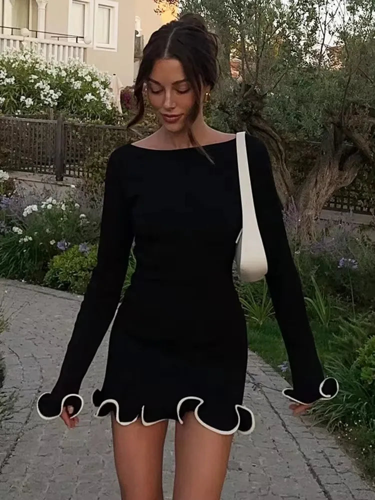 Long Sleeve Knit Mini Dress For Women Pullovers Sweater Dress Autumn Winter New Contrast Color O Neck Ruffled Dress