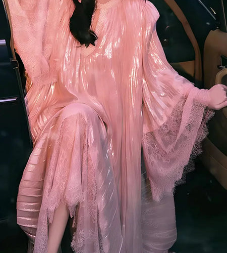 Solid Loose Long Dress For Women O Neck Long Sleeve High Waist Hollow Out Spliced Pearl Dress Female Fashion Style