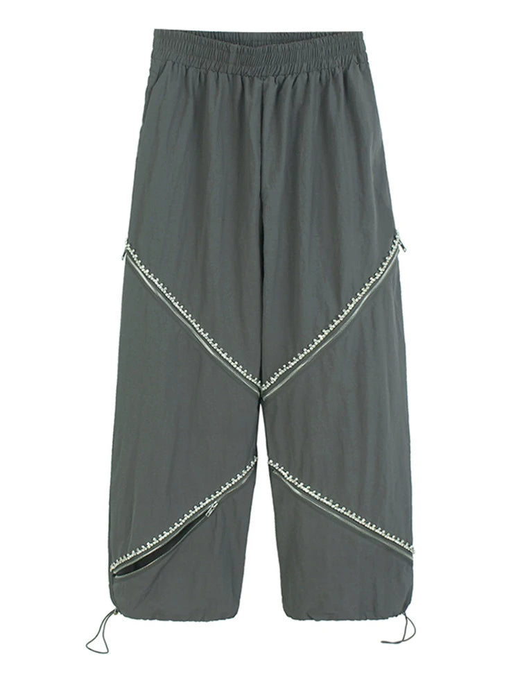 High Elastic Waist Apricot Rhinestones Zipper Wide Leg Pants New Trousers Women Fashion Tide Spring Autumn 2025 1DJ1192