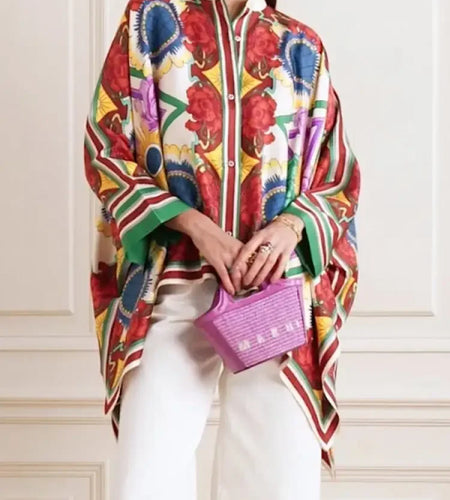 Stylish Selection Batwing Sleeves Flower Print Stand Collar Blouses Women Spring Summer High-low Buttoned Shirts Tops