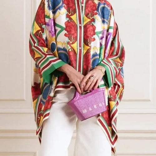 Load image into Gallery viewer, Stylish Selection Batwing Sleeves Flower Print Stand Collar Blouses Women Spring Summer High-low Buttoned Shirts Tops
