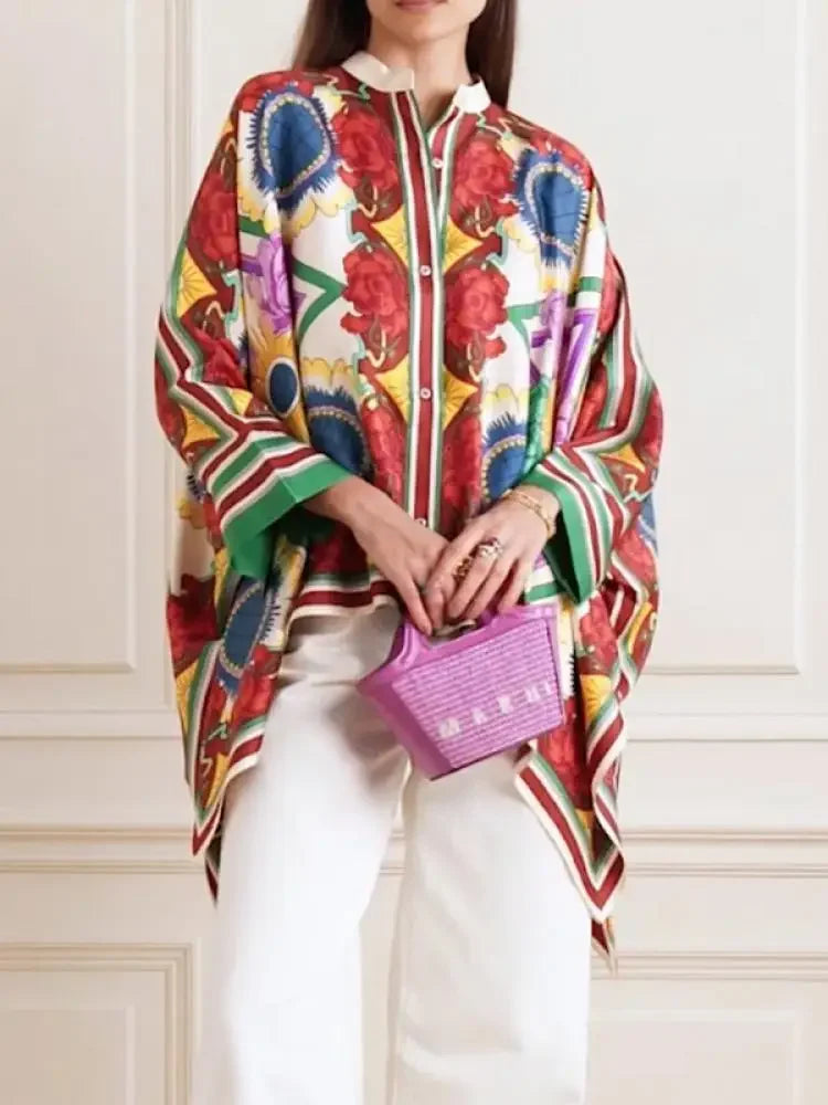 Stylish Selection Batwing Sleeves Flower Print Stand Collar Blouses Women Spring Summer High-low Buttoned Shirts Tops