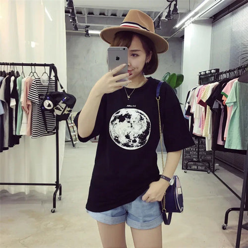 Load image into Gallery viewer, Chic Summer Personality Planet Moon Printed Loose T Shirts Women Slim Leisure Short Sleeve White T-shirt Female Top M-XXL
