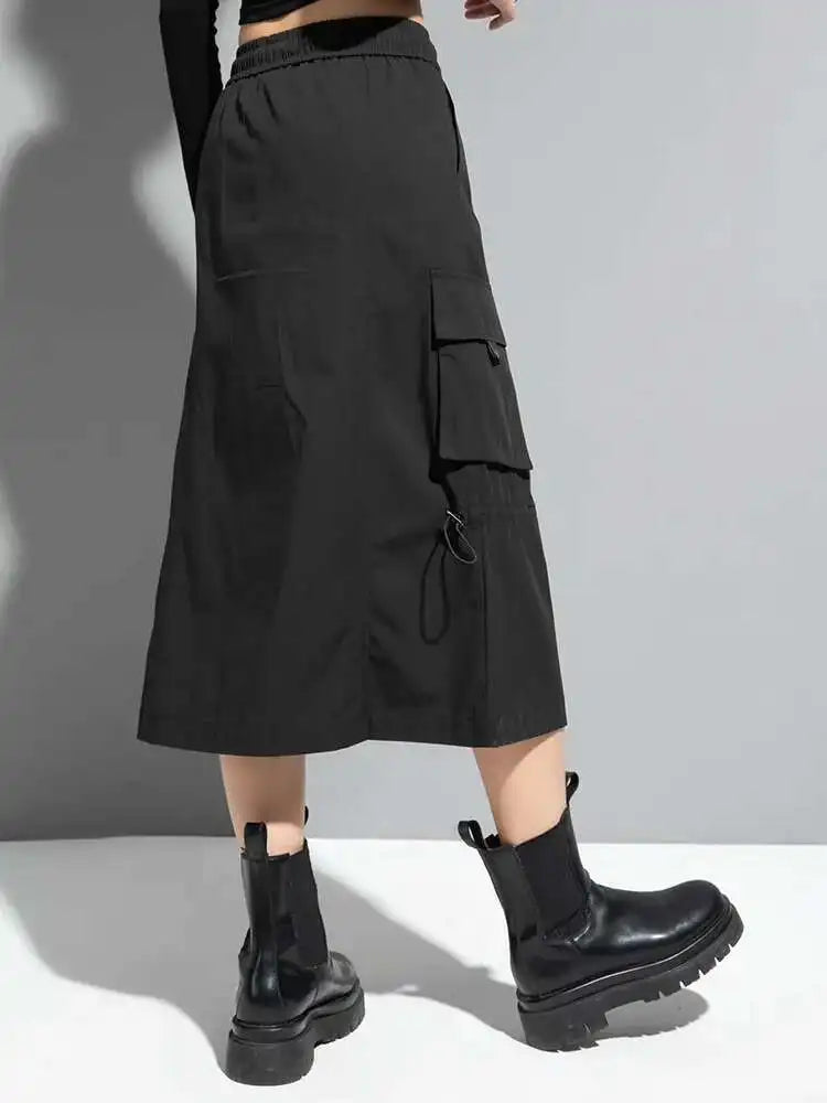 High Elastic Waist Black Zipper Long Spliced Long Casual Half-body Skirt Women Fashion Tide New Spring Autumn 2025 1DF1656