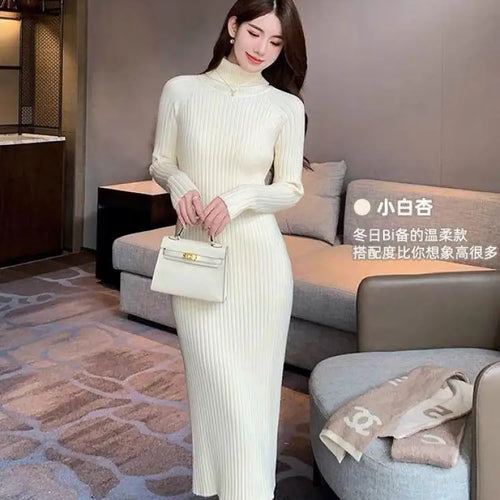 Load image into Gallery viewer, Autumn Winter White Sweater Dresses Fashion Female Black Long Sleeve Skinny Casual Blue Turtleneck Kintted Wrap Hip Dress Women

