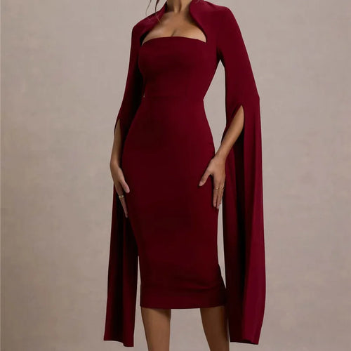 Load image into Gallery viewer, Cape Long Sleeve Sexy Midi Dress For Women Autumn Winter New Square Collar Back Slit Bodycon Club Party Long Dress
