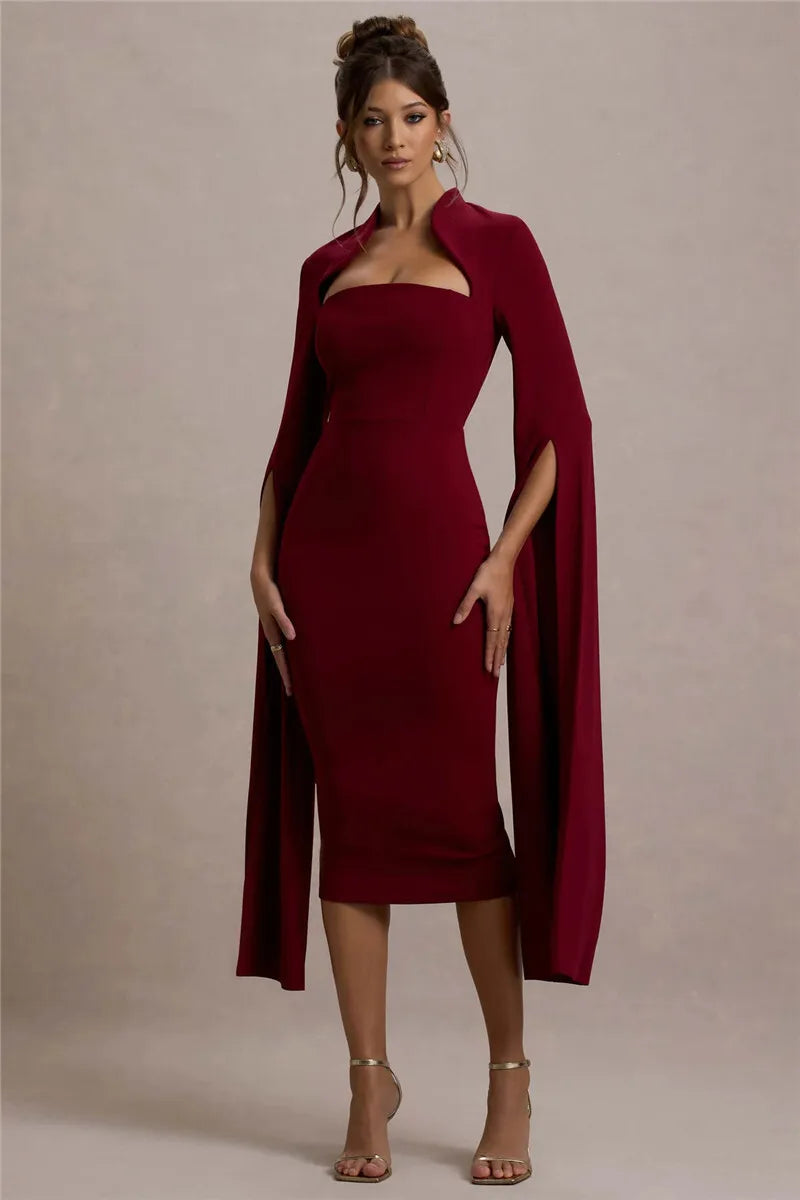 Cape Long Sleeve Sexy Midi Dress For Women Autumn Winter New Square Collar Back Slit Bodycon Club Party Long Dress