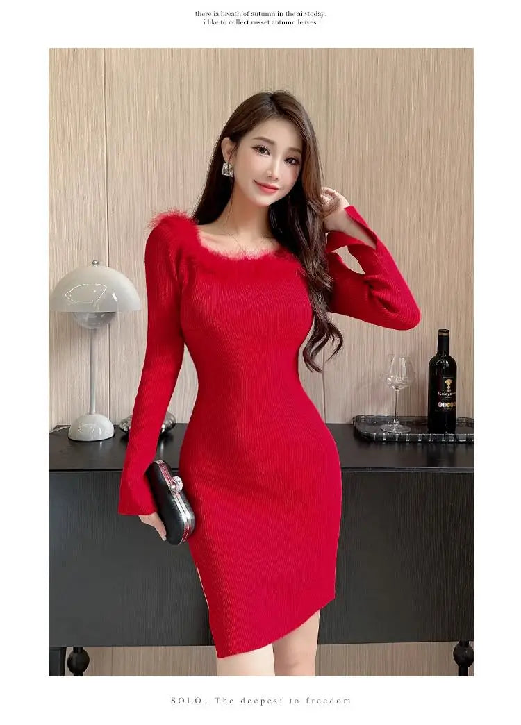 Women's Red Knitted Fur Neck Mini Dresses Female Autumn Winter Black Sexy Club Wrap Hip Versatile Pink Split Dress New 2023 Chic